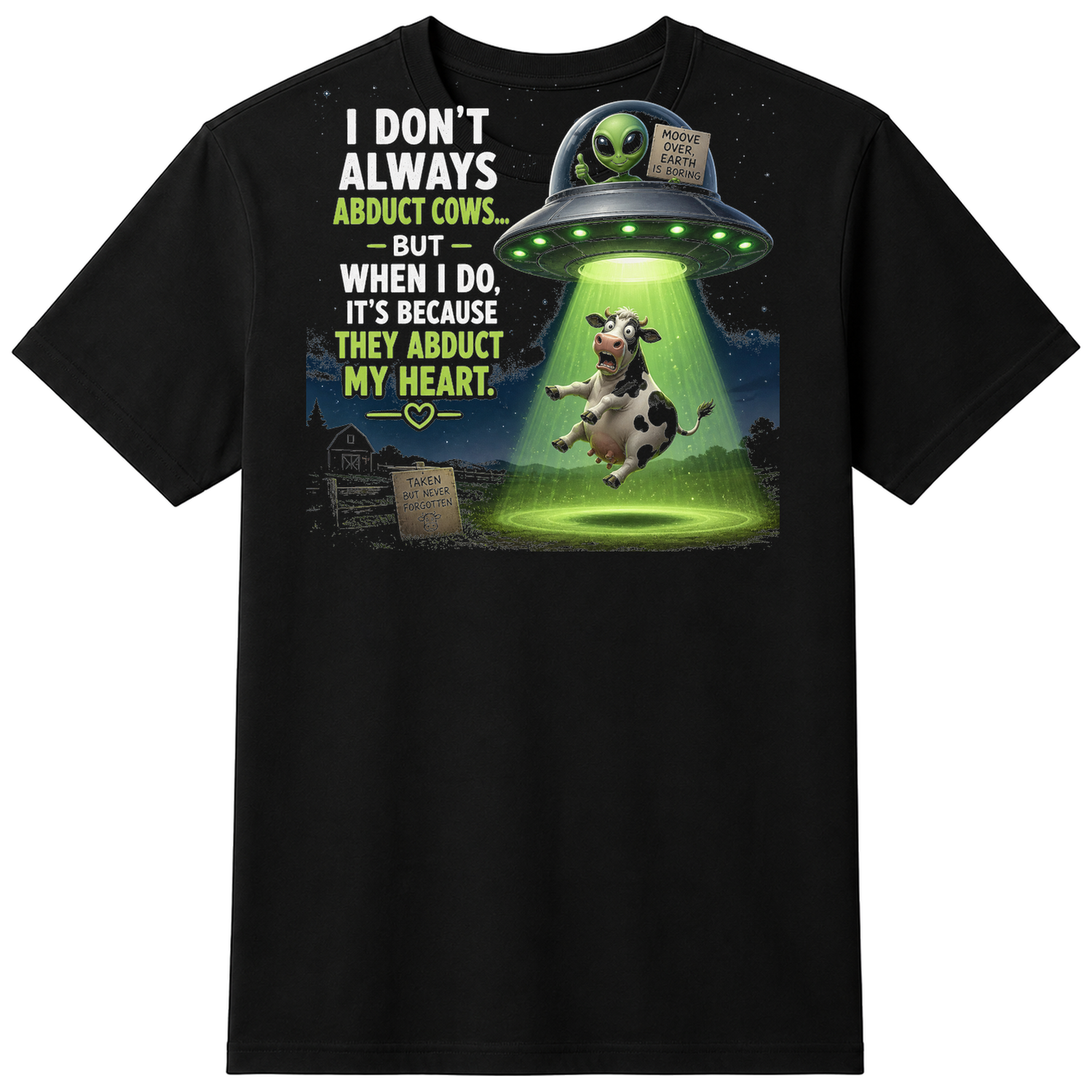 UFO and Cow Funny Alien Abduction T-Shirt - Cotton Unisex - Black — flat shirt