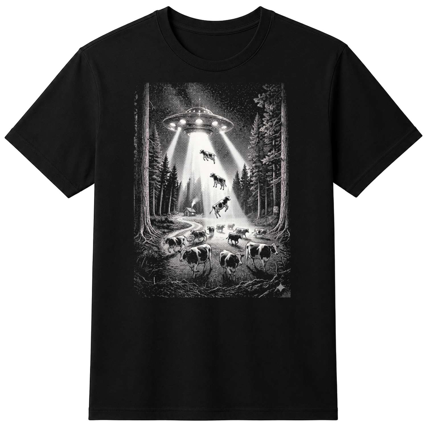 Cows and UFO Funny Alien Humor T-Shirt - Cotton Unisex - Black — flat shirt