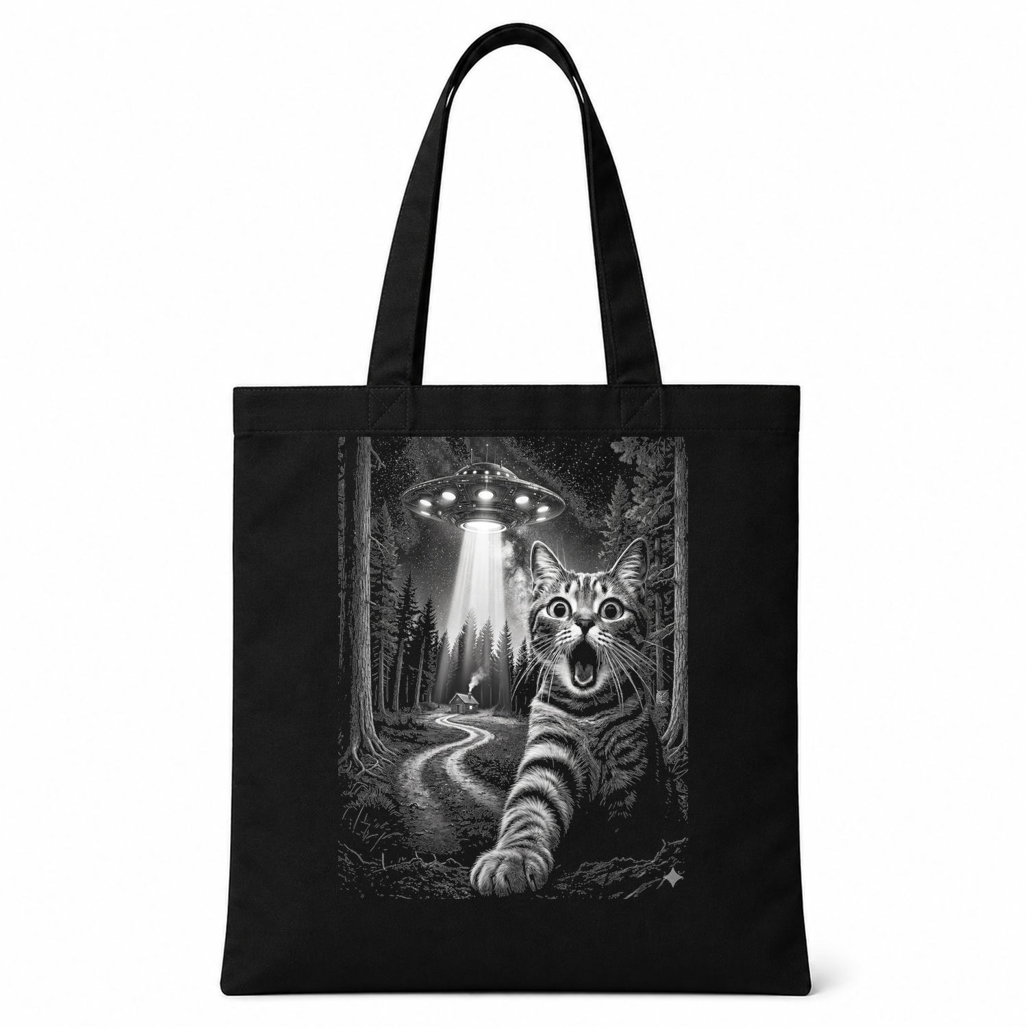 UFO and Cat Selfie Adventure Tote Bag — tote front