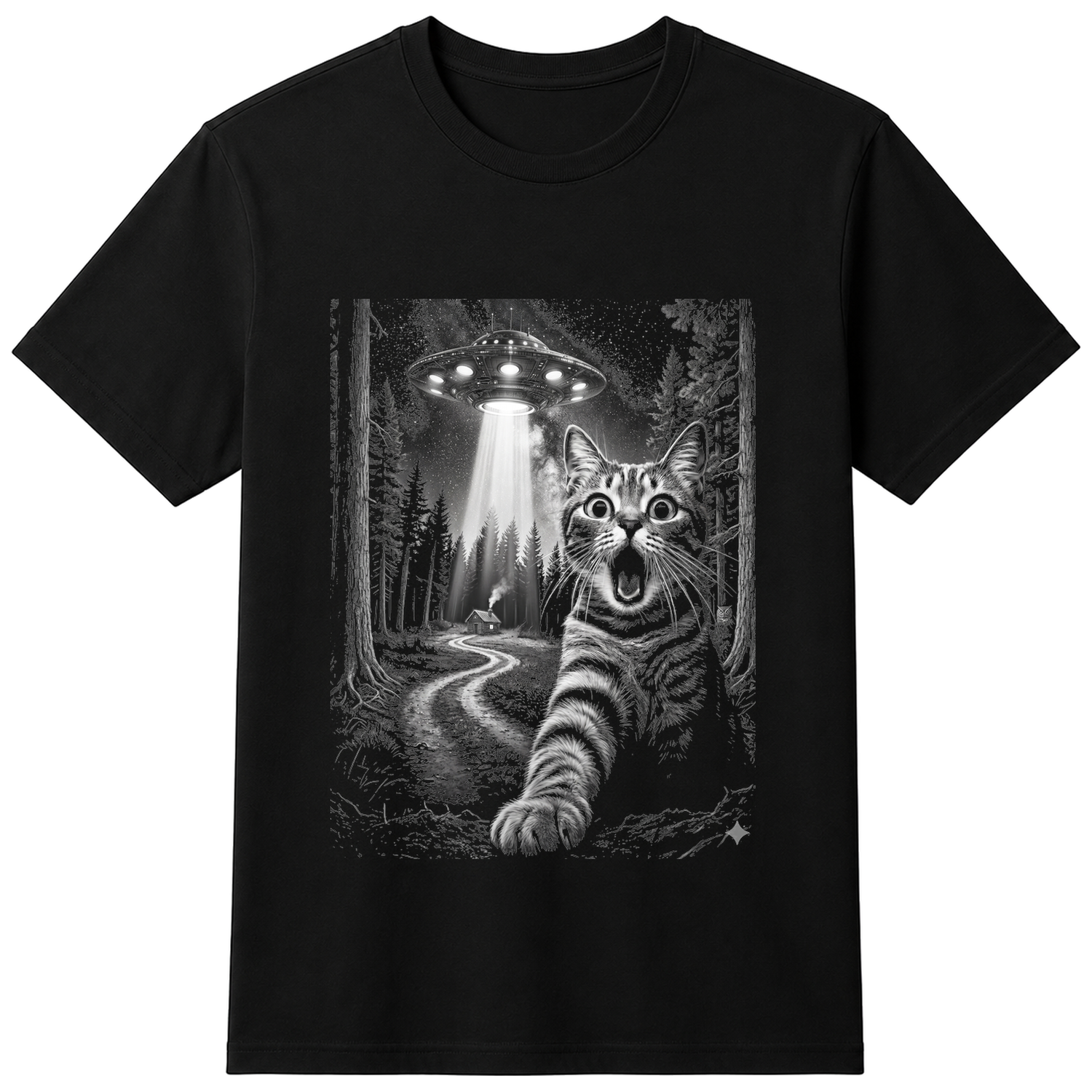 UFO and Cat Selfie Funny Alien T-Shirt - Cotton Unisex - Black — flat shirt