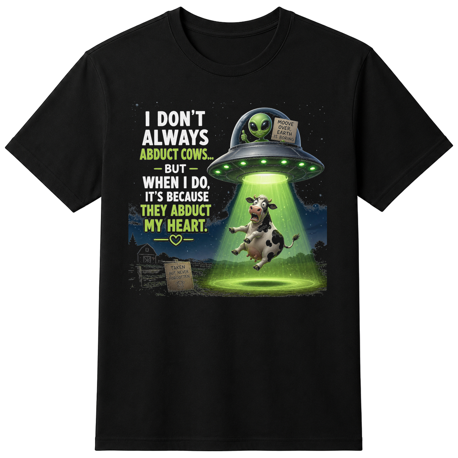 UFO Cow Abduction Funny Alien T-Shirt - Cotton Unisex - Black — flat shirt