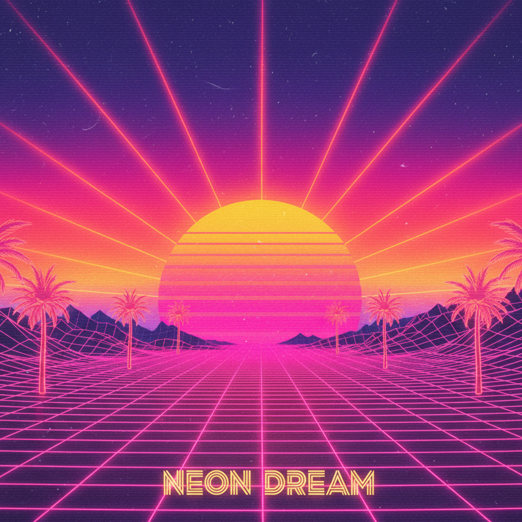 Retro 80s sunset with grid lines, neon pink and orange, half tone