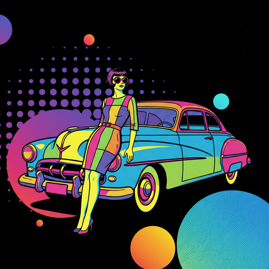 vintage car and womand black background, artistic, half-tone