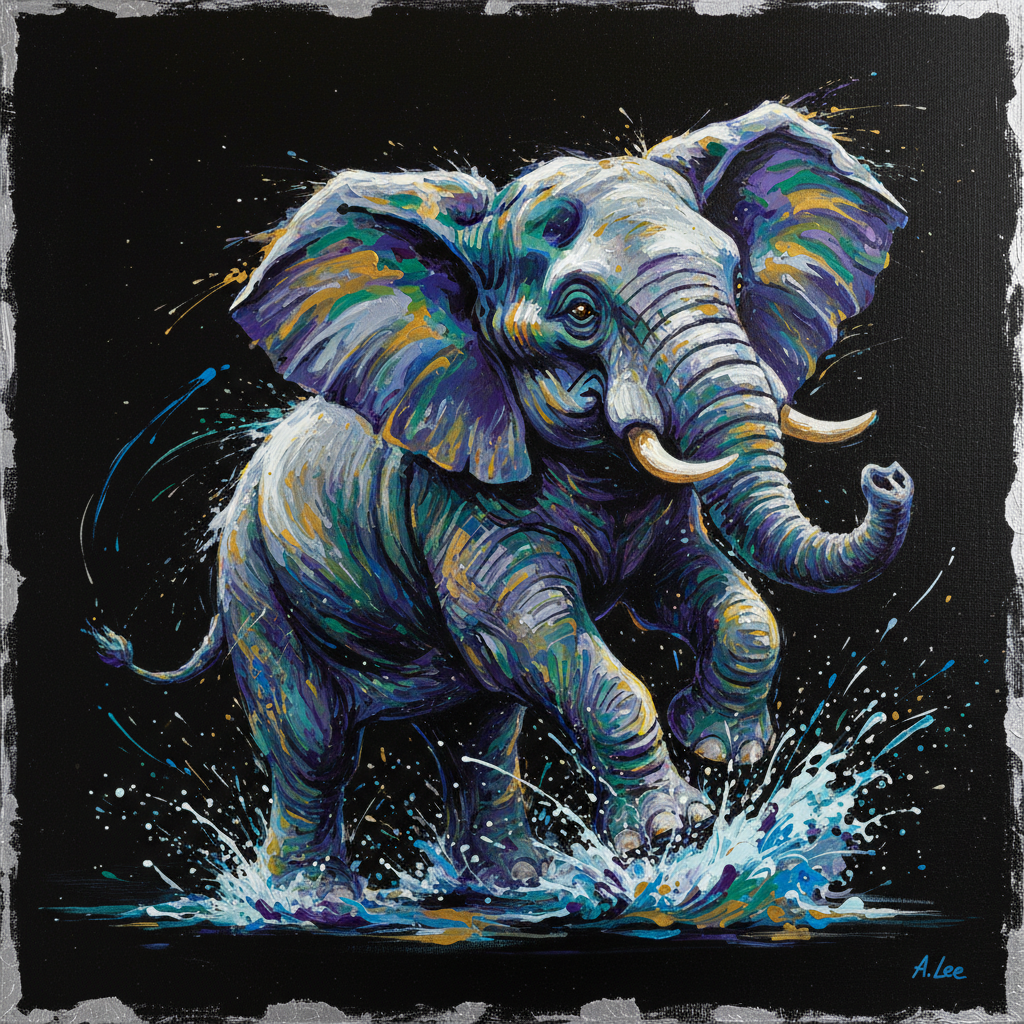 Artistic elephant playing, black background