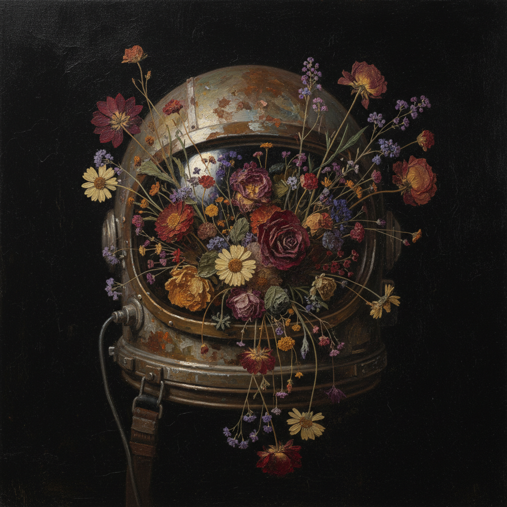 Space helmet with flowers and black background. old, artistic