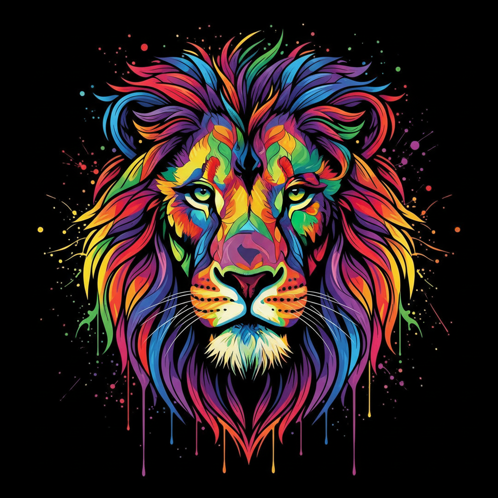 line drawing of Lion face, colour full, black background