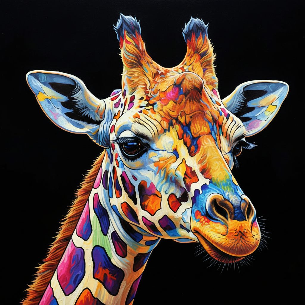 Giraffee colourfull black background, face