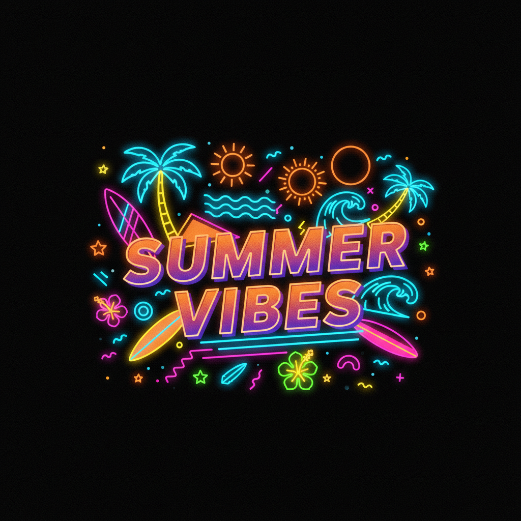 summer vibe, 80s colourful, black background