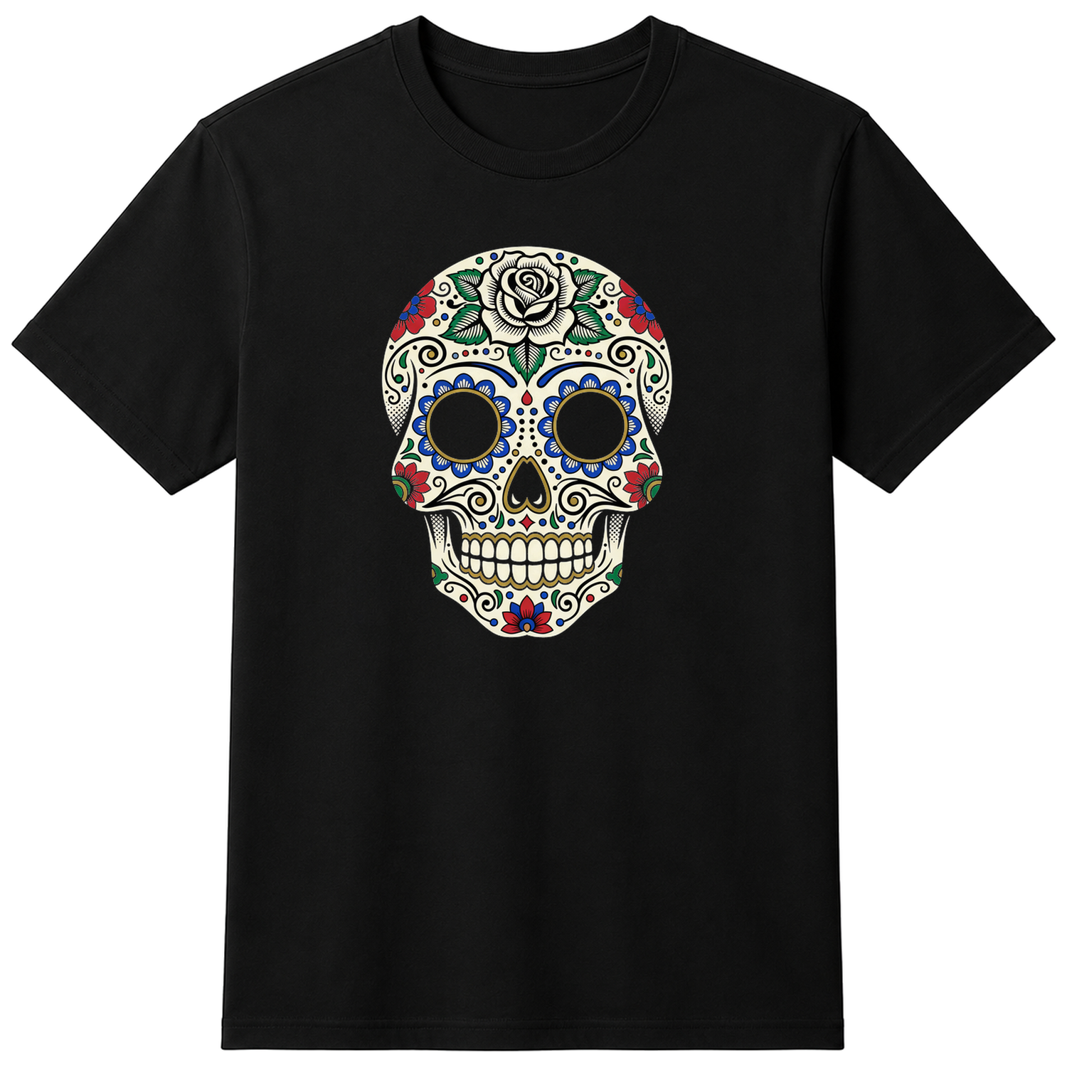 Sugar skull with flowers, Unisex T-Shirt — flat shirt